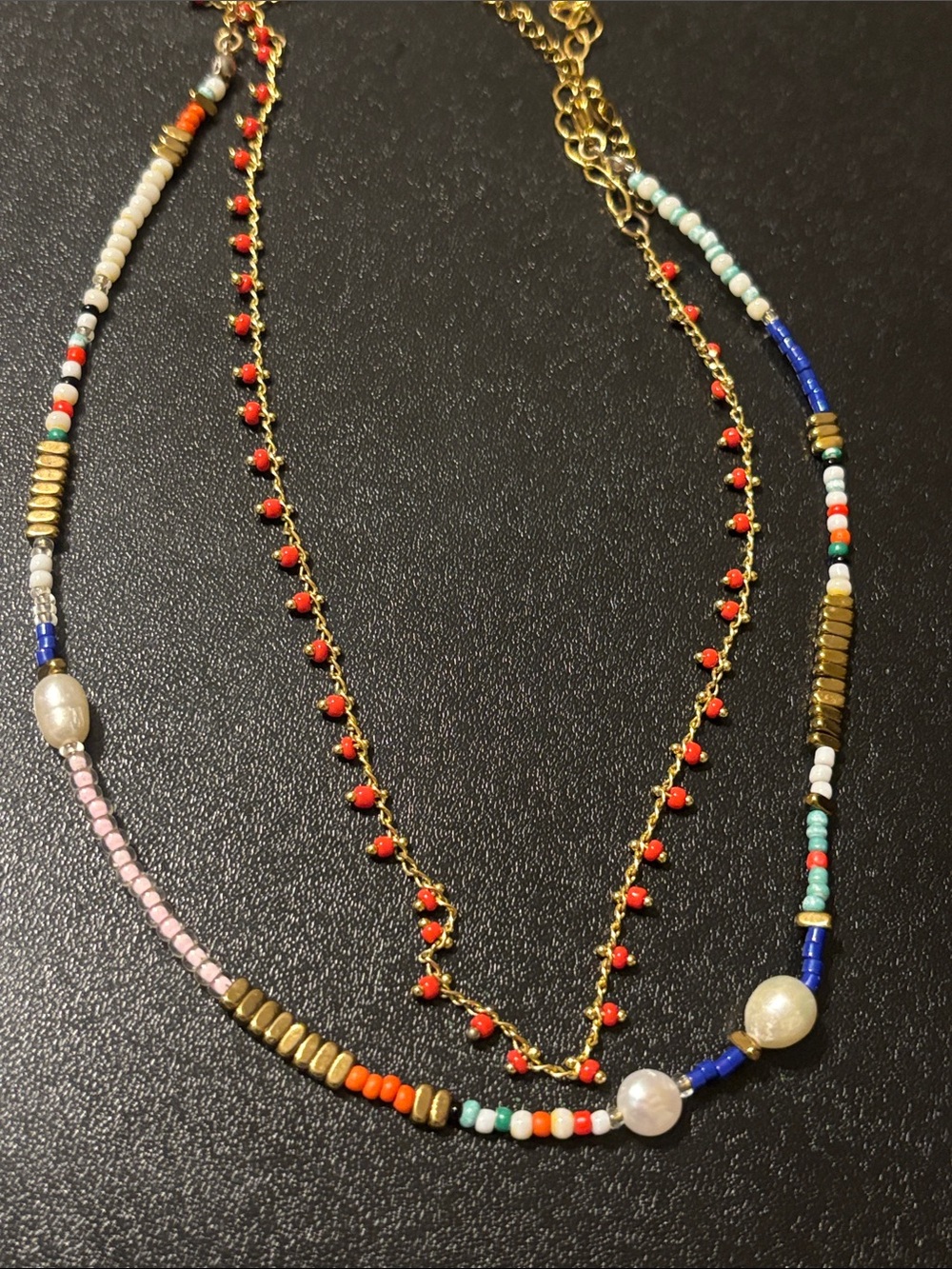 Layered Gold Multi-Color Beaded Pearl Necklace with Red Accent